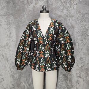 Nichii Top Women M Black Floral Balloon Sleeve V-Neck Brocade Garden Regencycore